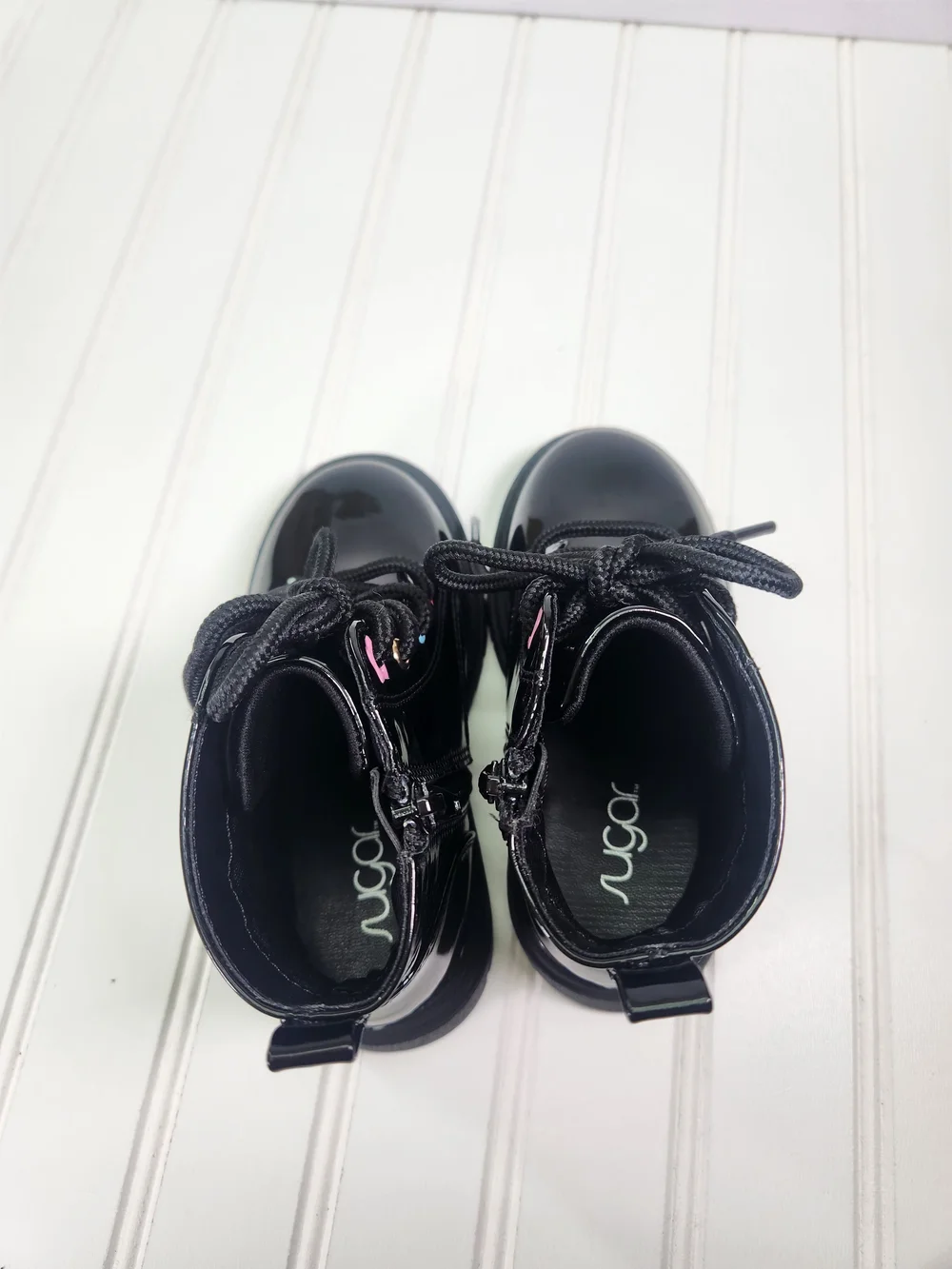 Sugar Black Patent Lace-Up Boots with Rainbow Star & Cloud Details
